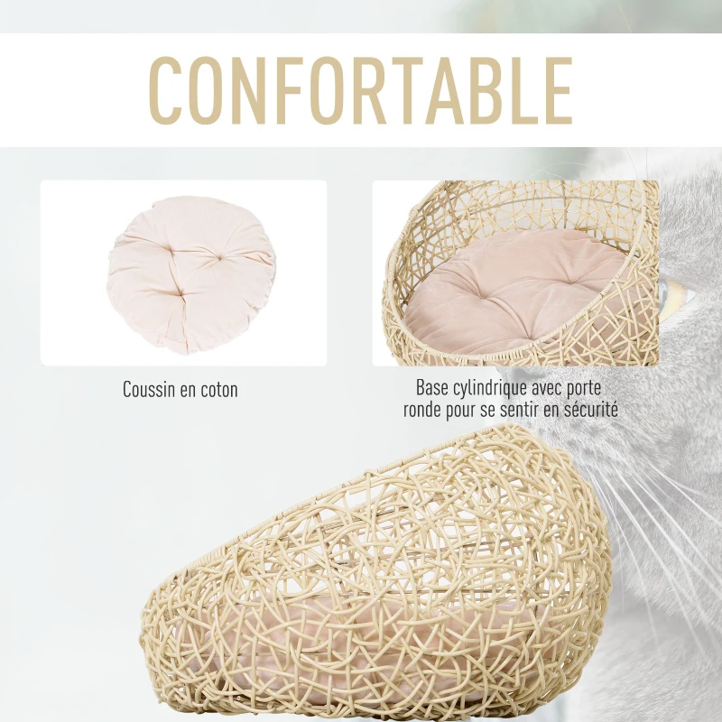 PawHut Panier chat lit chat cosy grand confort dim. Ø 56 x 35H cm coussin moelleux inclus PVC imitation rotin beige