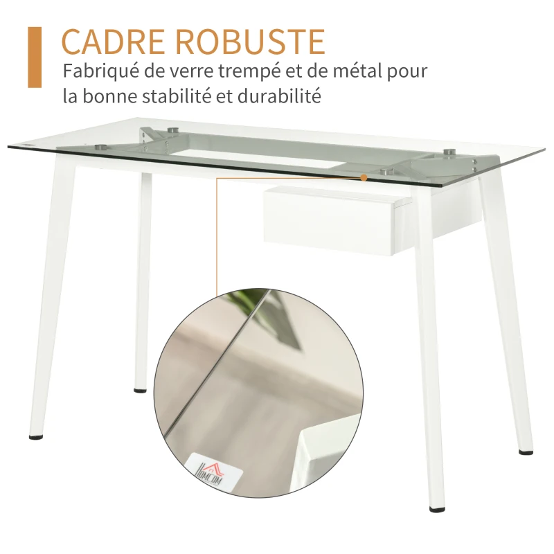HOMCOM Bureau Informatique multimédia Design Contemporain tiroir Coulissant MDF Plateau Verre trempé châssis métal Blanc