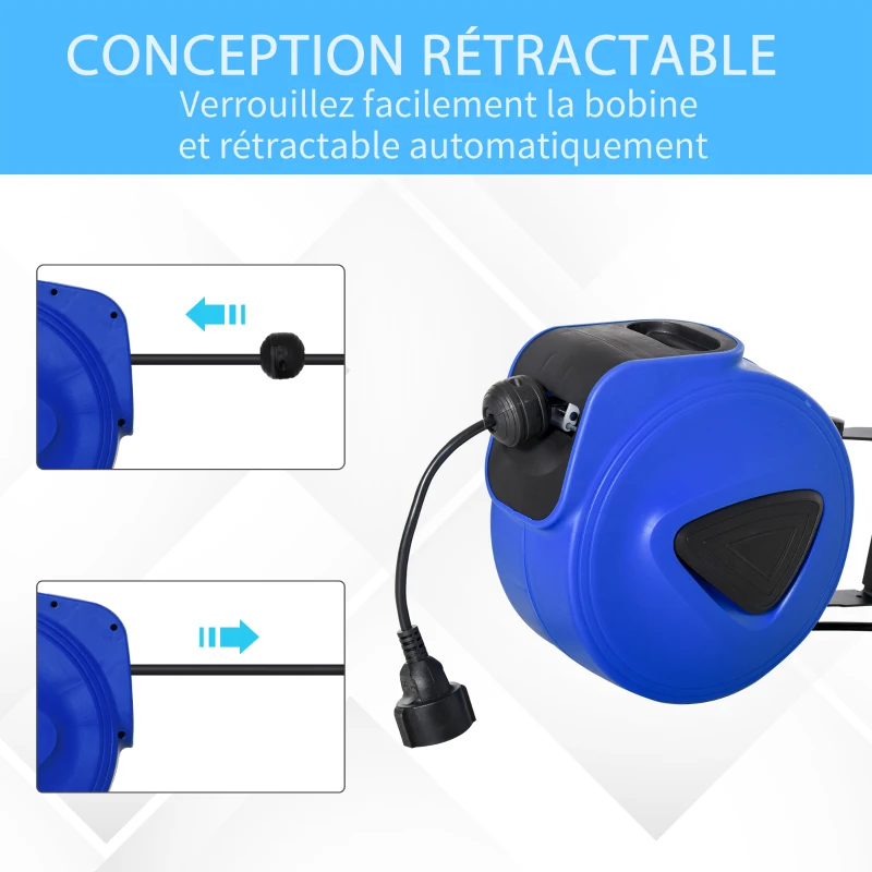 HOMCOM Enrouleur de câble électrique automatique 10 m - enrouleur électrique pivotant 180° support mural intégré bleu noir
