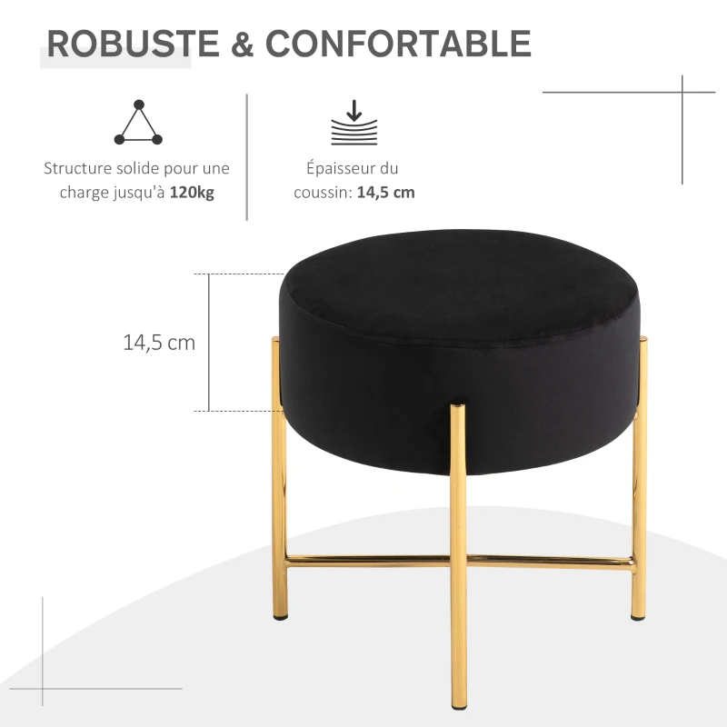 HOMCOM Tabouret rond style art déco châssis piètement acier doré assise aspect velours noir