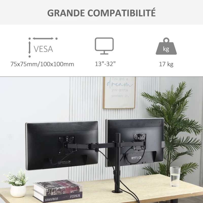 Vinsetto Support écran PC à double support pour 2 moniteur de 13-32 pouces réglable en hauteur inclinable et pivotant supportant VESA 75x75/100x100 mm en acier stable noir