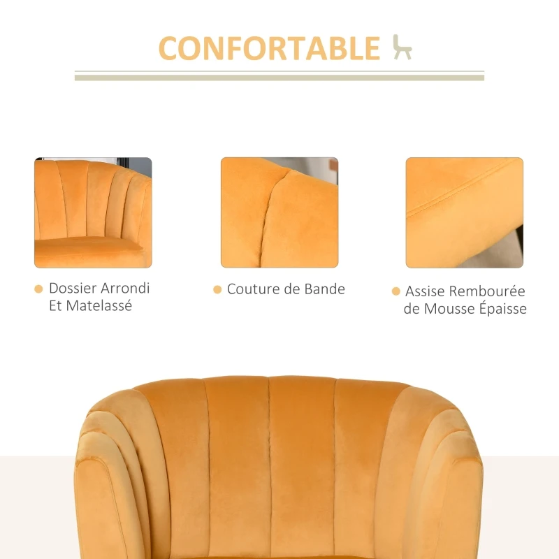 HOMCOM Fauteuil Lounge Design dim. 79L x 66P x 79H cm Pieds inclinés effilés Bois hévéa Velours Moutarde