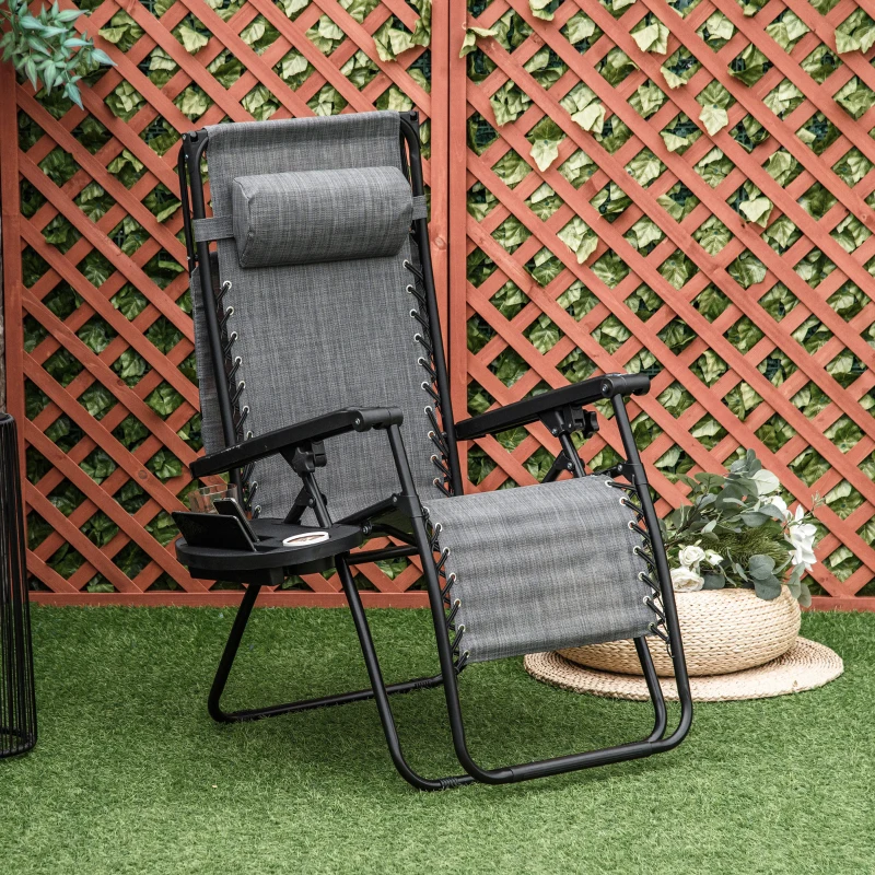 Outsunny Zero Gravity Garden Deck Folding Chair Texteline Patio Sun Lounger Reclining Seat with Cup Holder & Canopy Shade - Grey