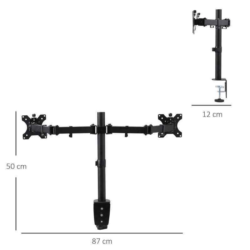 Vinsetto Support écran PC à double support pour 2 moniteur de 13-32 pouces réglable en hauteur inclinable et pivotant supportant VESA 75x75/100x100 mm en acier stable noir