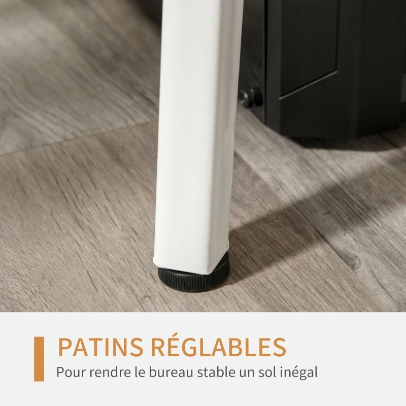 HOMCOM Bureau Informatique multimédia Design Contemporain tiroir Coulissant MDF Plateau Verre trempé châssis métal Blanc