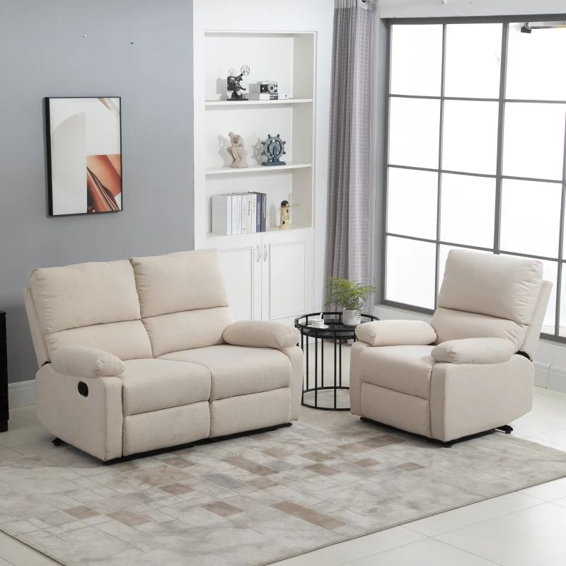 HOMCOM Double-Padded Manual Recliner Armchair w/ Footrest Metal Frame Adjustable Home Seat Bedroom Living Room TV Gaming Beige
