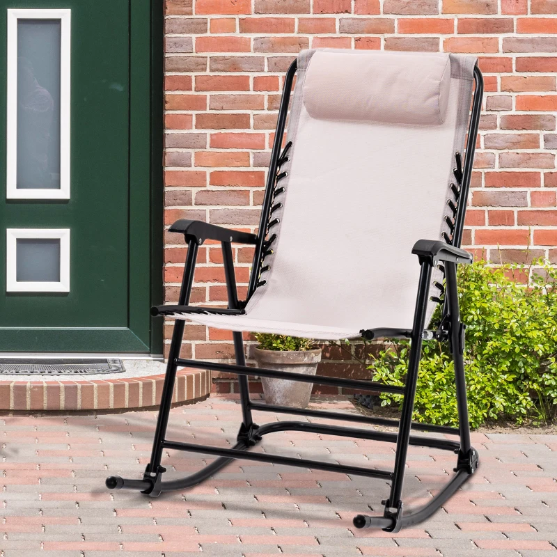 Outsunny Garden Rocking Chair Folding Outdoor Portable Zero Gravity Chair w/ Headrest-Beige