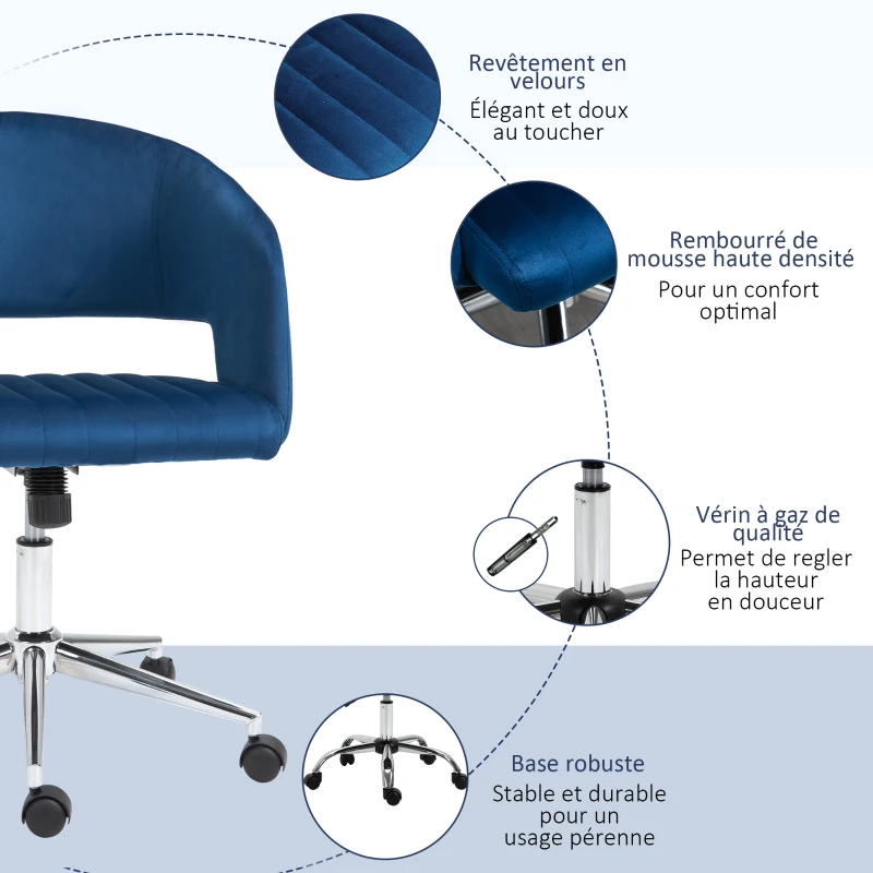 Vinsetto Chaise de bureau design contemporain hauteur réglable pivotant 360° piètement chromé velours bleu