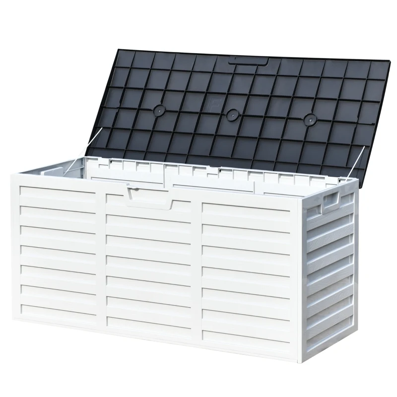 Outsunny Coffre de Jardin Malle de Rangement dim. 112L x 49l x 53H cm 2 roulettes polypropylène texturé Imitation Lattes de Bois Blanc Gris