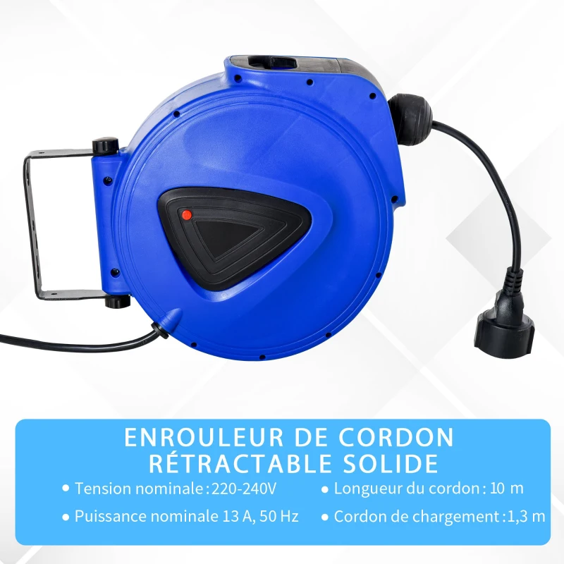 HOMCOM Enrouleur de câble électrique automatique 10 m - enrouleur électrique pivotant 180° support mural intégré bleu noir