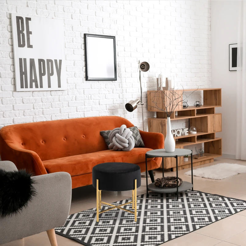 HOMCOM Tabouret rond style art déco châssis piètement acier doré assise aspect velours noir