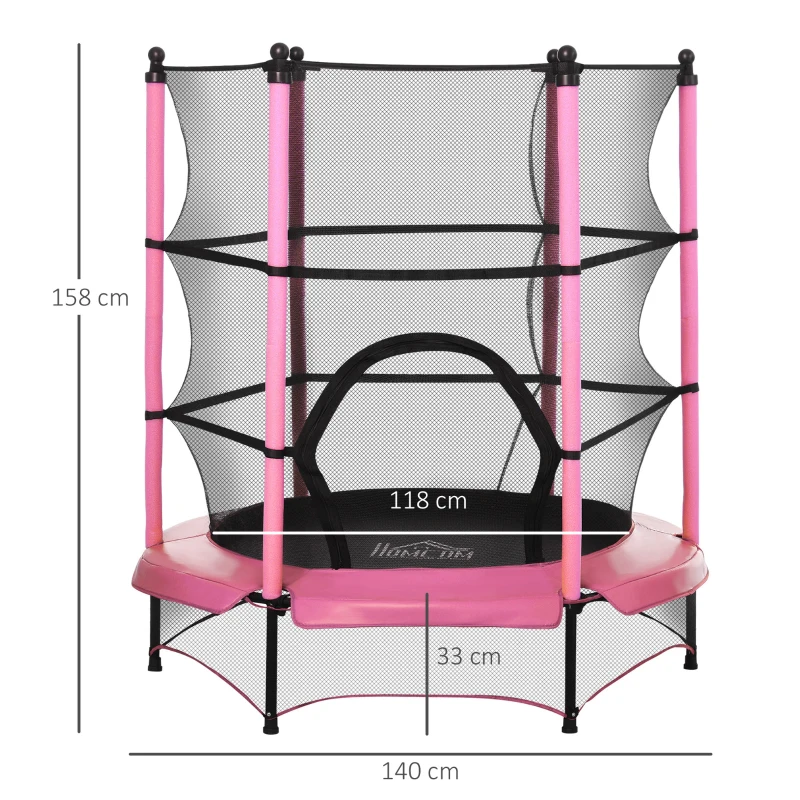 HOMCOM Trampoline Enfant Ø 1,40 × 1,58H m Filet de sécurité Porte zipée Couvre-Ressorts 6 poteaux rembourrés Inclus Rose