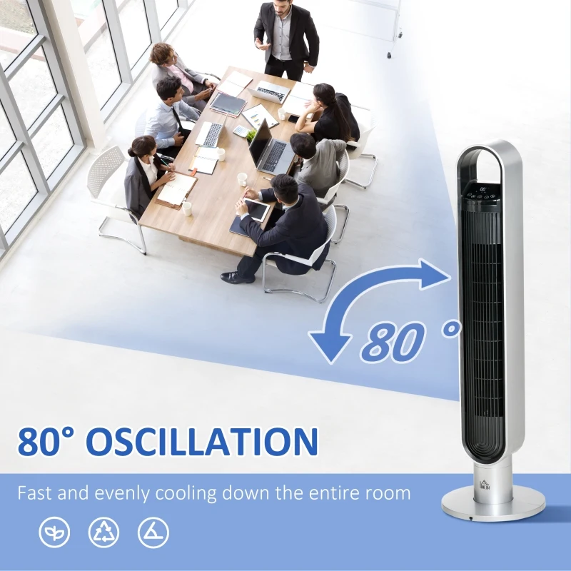 HOMCOM 39" Anion Freestanding Tower Fan Cooling for Bedroom with Oscillating, 3 Speeds, 3 Modes, 12h Timer, LED Sensor Panel, Remote Controller, 60W, Silver