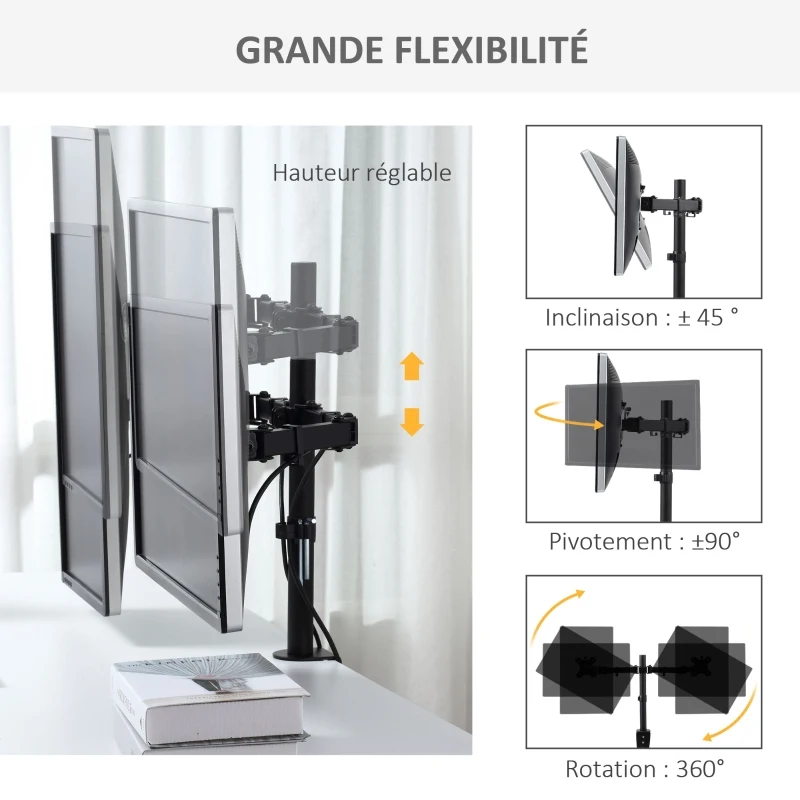 Vinsetto Support écran PC à double support pour 2 moniteur de 13-32 pouces réglable en hauteur inclinable et pivotant supportant VESA 75x75/100x100 mm en acier stable noir