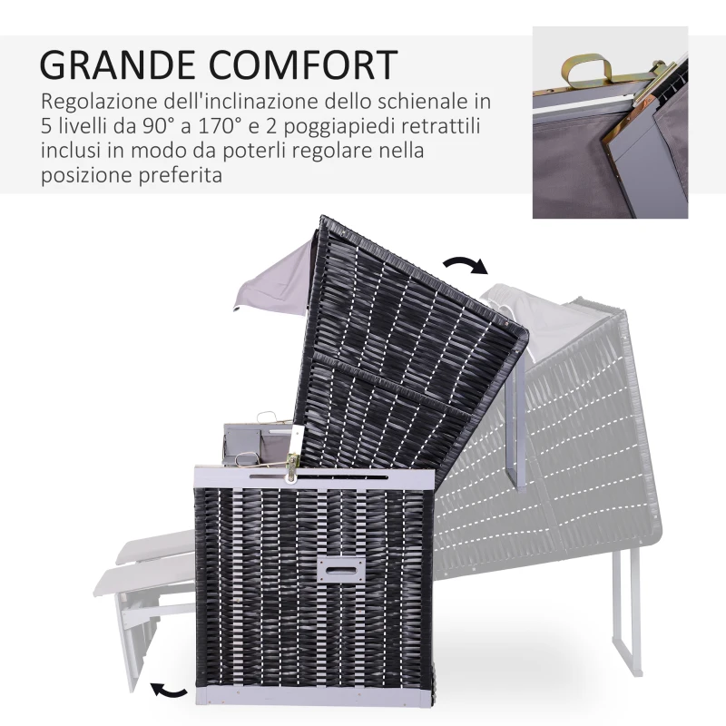 Outsunny Sdraio da Spiaggia Reclinabile a 2 Posti con Tettuccio Parasole e Cassetti, Grigio