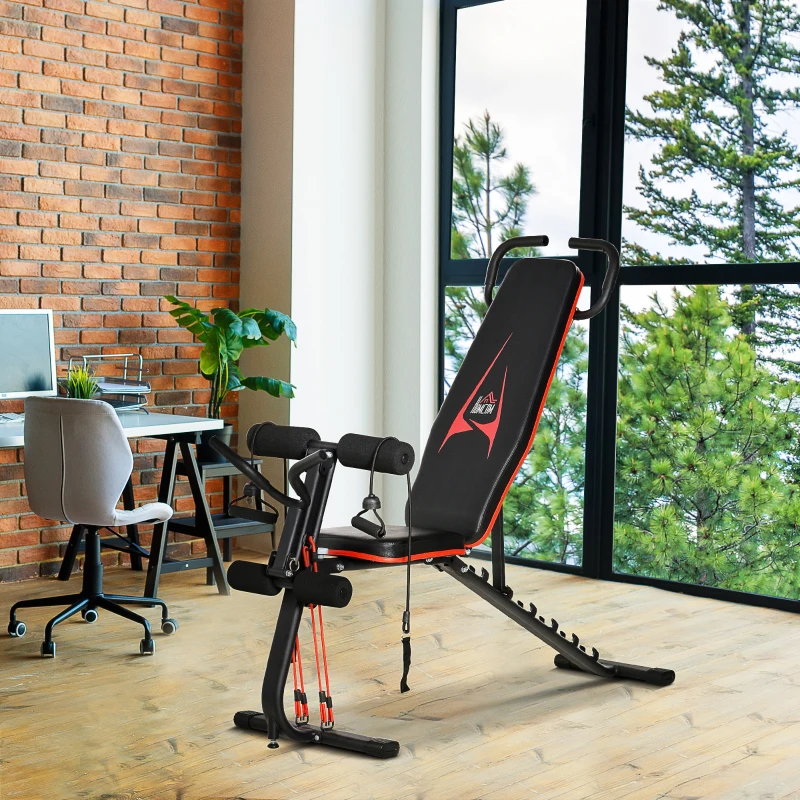 HOMCOM Panca Multifunzione, 6 livelli di Inclinazione, fino a 150 kg, in Acciaio e Pelle sintetica, 145x49x57-127 cm, Nera e Rossa