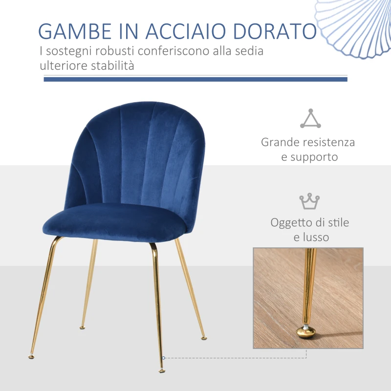 HOMCOM Set di 2 Sedie da Cucina Sedie da Pranzo con Schienale Tessuto Poliestere Gambe in Metallo Blu+Oro 52 x 52 x 81 cm