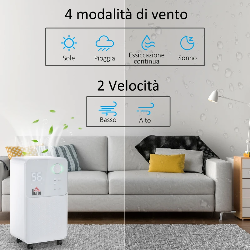 HOMCOM Deumidificatore Portatile da 16L, 4 Modalità e 2 Velocità, Timer 24h, 28x20x50.5cm, Bianco