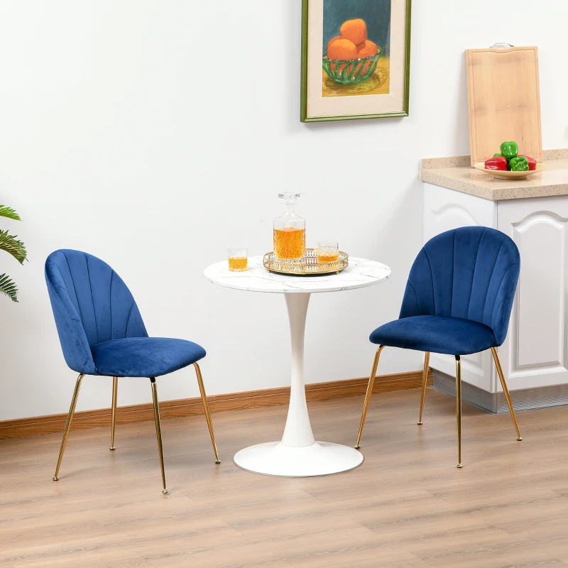 HOMCOM Set di 2 Sedie da Cucina Sedie da Pranzo con Schienale Tessuto Poliestere Gambe in Metallo Blu+Oro 52 x 52 x 81 cm