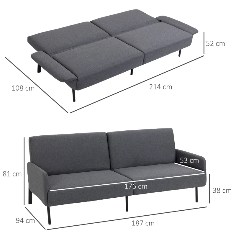 HOMCOM Divano Letto Pieghevole a 2 Posti in Tessuto Effetto Lino e Acciaio, 214x94x81 cm, Grigio