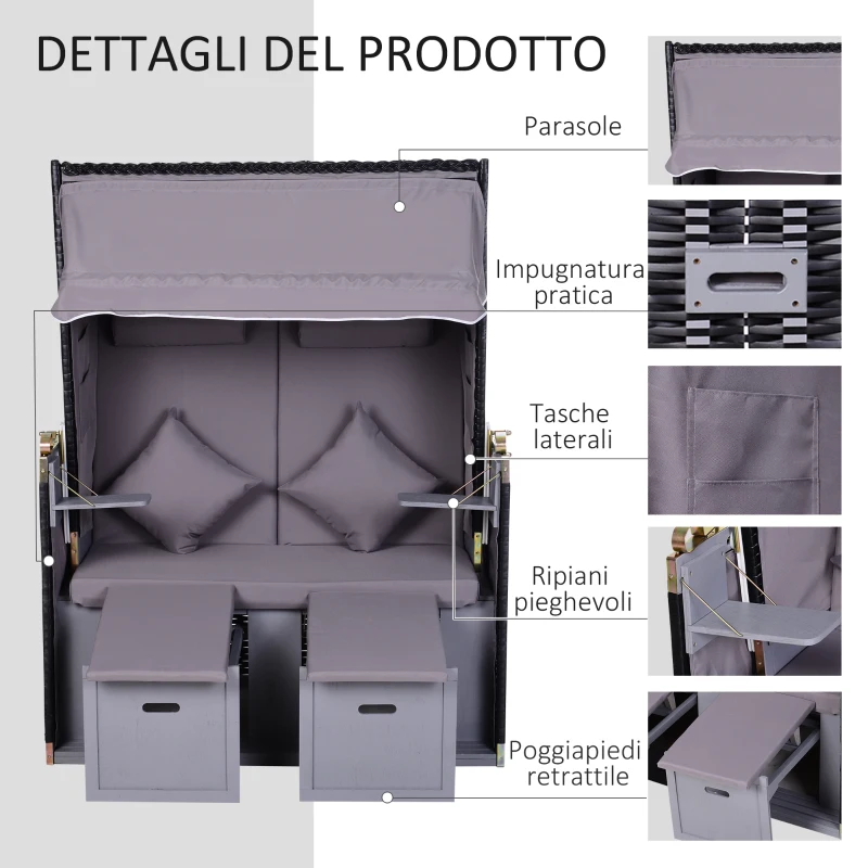 Outsunny Sdraio da Spiaggia Reclinabile a 2 Posti con Tettuccio Parasole e Cassetti, Grigio