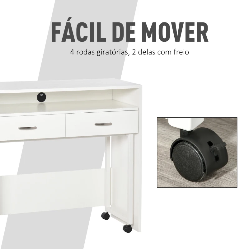 HOMCOM Conjunto de 2 mesas secretária para escritório com rodas 2 gavetas 100x36x88 cm Branco