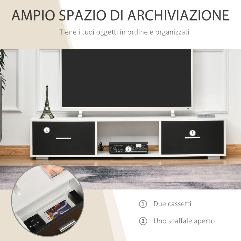 HOMCOM Mobile TV Moderno per Televisori fino a 60" con 2 Cassetti, 140x30x32cm, Bianco e Nero