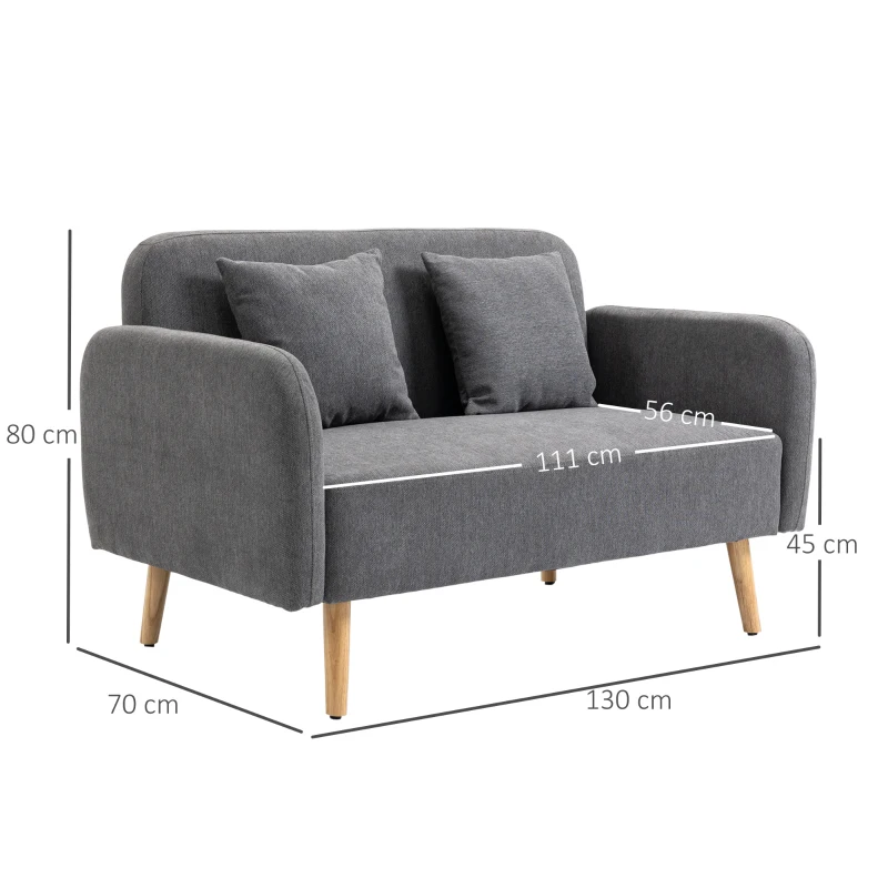 HOMCOM Divano Doppio Rivestimento con Cuscini, Divanetto in Tessuto, Design Compatto Moderno a Due Posti, Regolabile in Altezza, Vellutato, Poliestere, Gomma, Legno, Schiuma, 130 x 70 x 80 cm, Grigio e Naturale