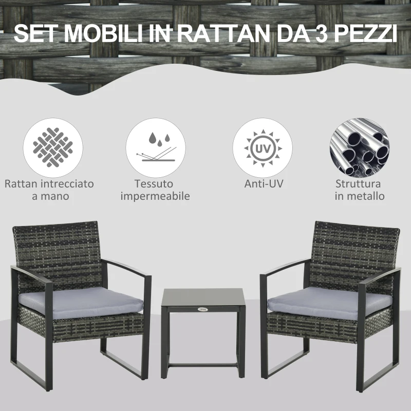 Outsunny Set da Giardino in Rattan 3 pezzi, 2 Poltrone con Cuscino e Tavolino, Grigio