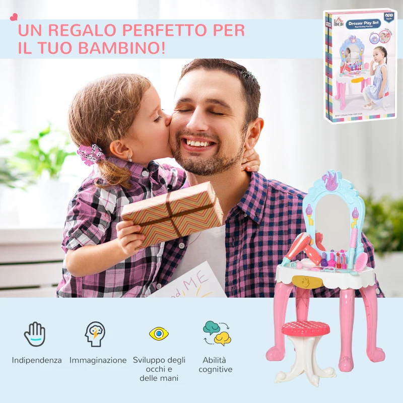 HOMCOM Toeletta Tavolo Trucco Giocattolo 20 Pezzi, per Bambini +3 Anni, 41x27x82cm
