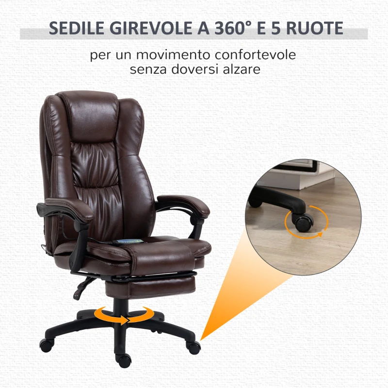 Vinsetto Sedia da Ufficio Massaggiante e Girevole con Funzione Reclinabile, 68,5x68,5x119-127 cm, Marrone
