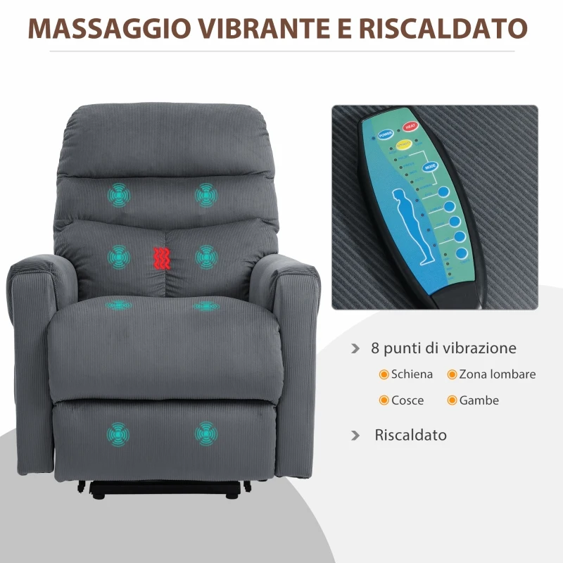 HOMCOM Poltrona Reclinabile Massaggiante con Telecomando, in Poliestere e Metallo, 79x97x103 cm, Grigio