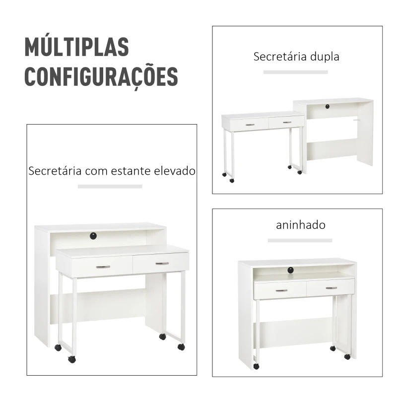 HOMCOM Conjunto de 2 mesas secretária para escritório com rodas 2 gavetas 100x36x88 cm Branco