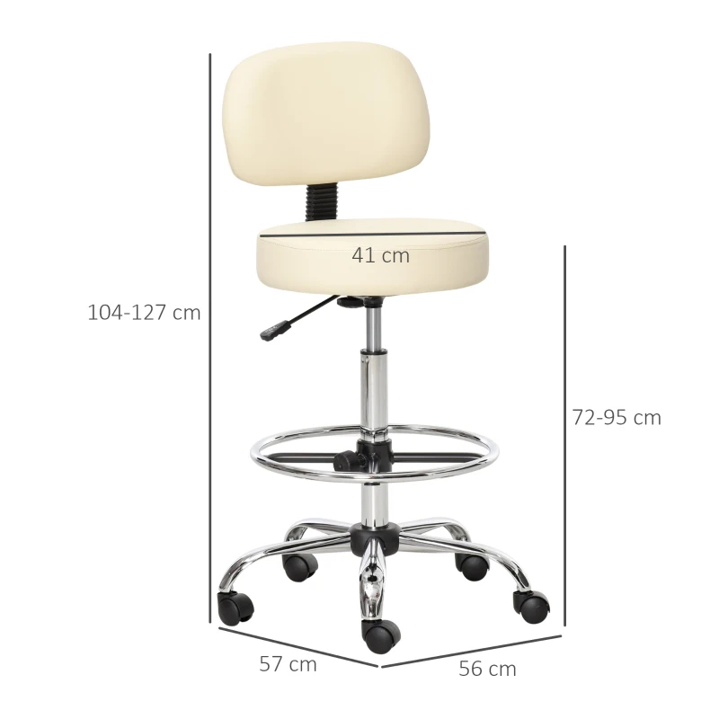 HOMCOM Sgabelli da Bar, Sedie Girevoli, Sgabelli da Lavoro, Sgabelli da Ufficio, Altezza Regolabile, Girevole a 360°, con Schienale, Imbottito, Ampio Sedile per un Miglior Comfort, PU, 56 x 57 x 104-127 cm, Beige