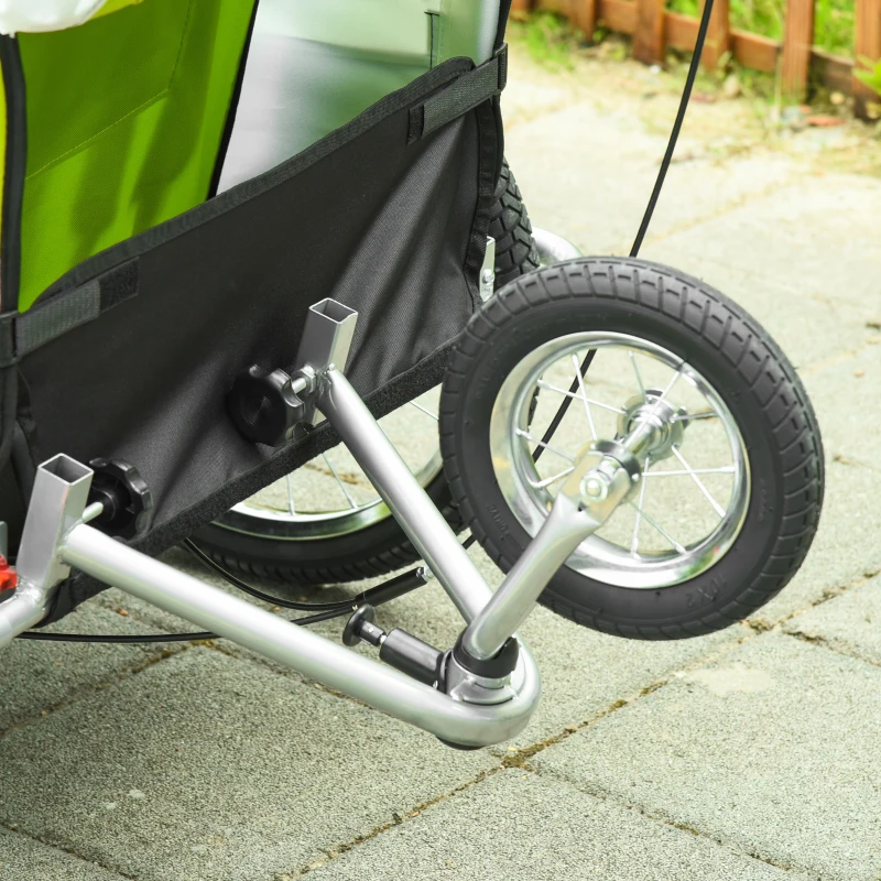 HOMCOM Reboque de Bicicleta para Crianças 2 em 1 com 2 Lugares Convertível em Carrinho de Passeio com Roda Dianteira Giratória 360° Verde