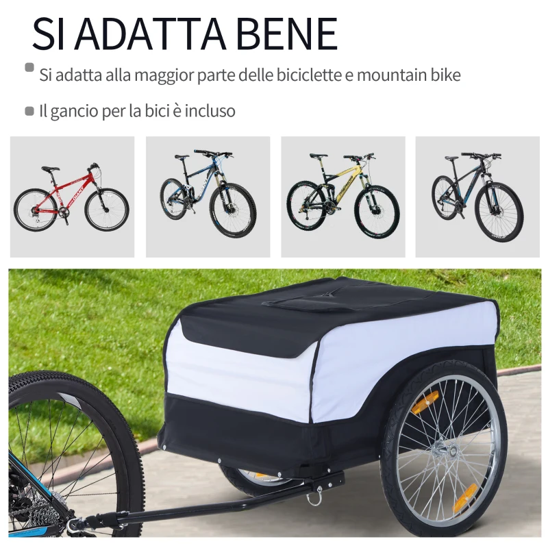 HOMCOM Rimorchio per Bici in Acciaio e Tessuto Oxford, Carico 40 kg, 140x77x65cm Nero e Bianco