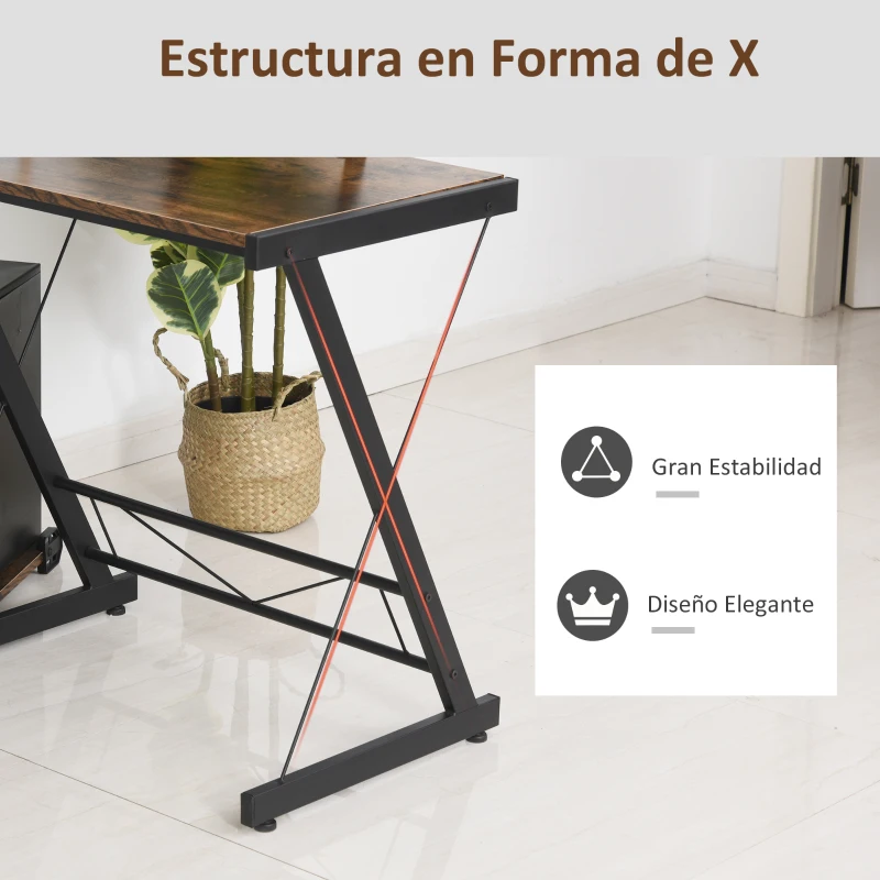 HOMCOM Mesa Escritorio de Oficina de Forma L con Soporte de CPU Estante de Impresora Niveladores Ajustables Gran Espacio Marco Metálico 155x115x91,5 cm Marrón