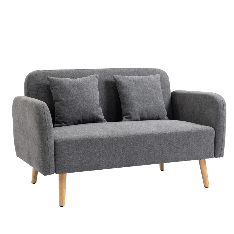 HOMCOM Divano Doppio Rivestimento con Cuscini, Divanetto in Tessuto, Design Compatto Moderno a Due Posti, Regolabile in Altezza, Vellutato, Poliestere, Gomma, Legno, Schiuma, 130 x 70 x 80 cm, Grigio e Naturale