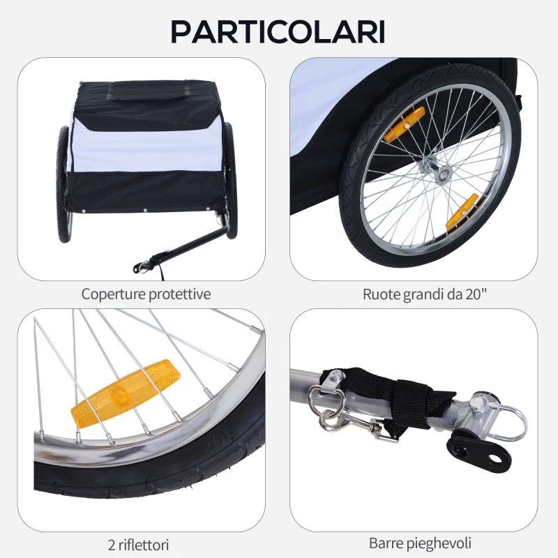HOMCOM Rimorchio per Bici in Acciaio e Tessuto Oxford, Carico 40 kg, 140x77x65cm Nero e Bianco