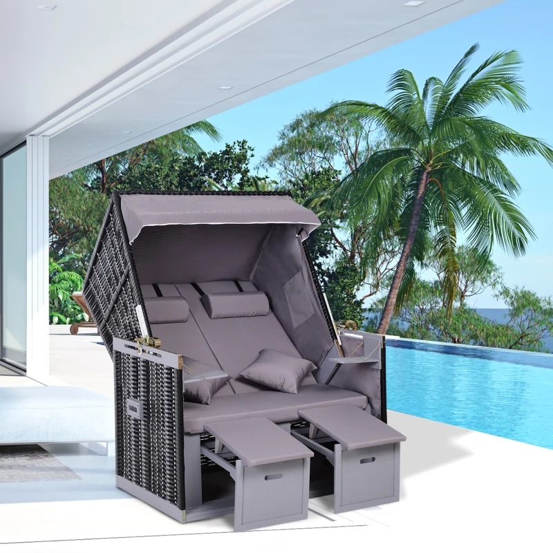 Outsunny Sdraio da Spiaggia Reclinabile a 2 Posti con Tettuccio Parasole e Cassetti, Grigio