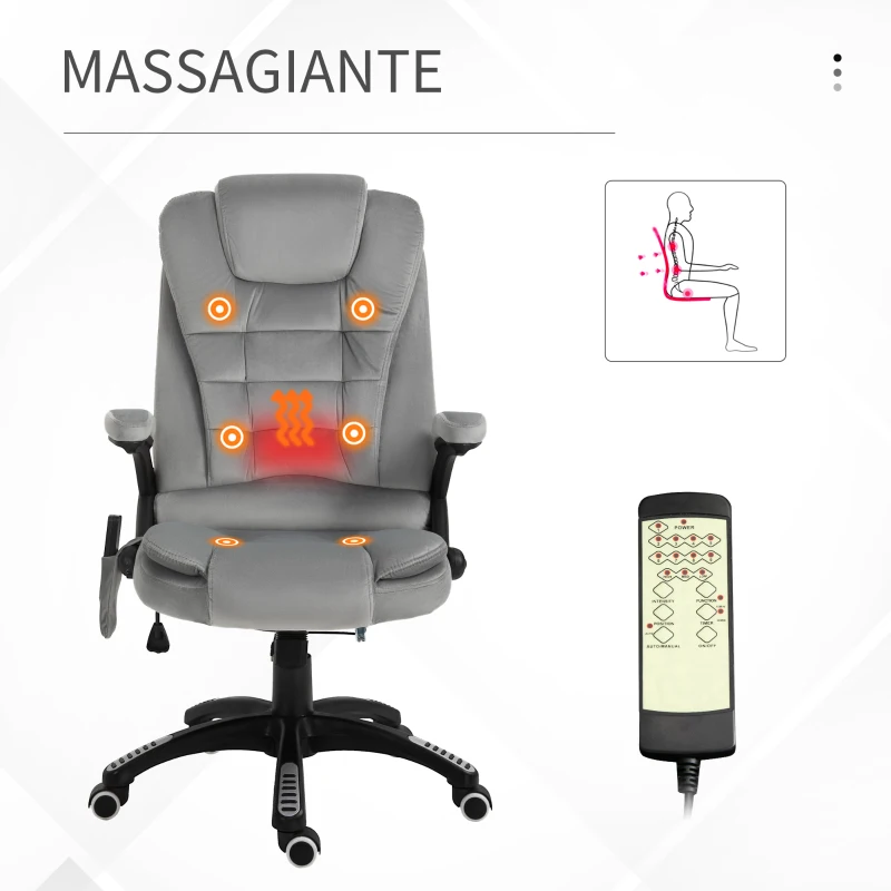 Vinsetto Sedia da Ufficio con Funzione Massaggiante e Altezza Regolabile, in PU, 67x67x116-126 cm, Grigio
