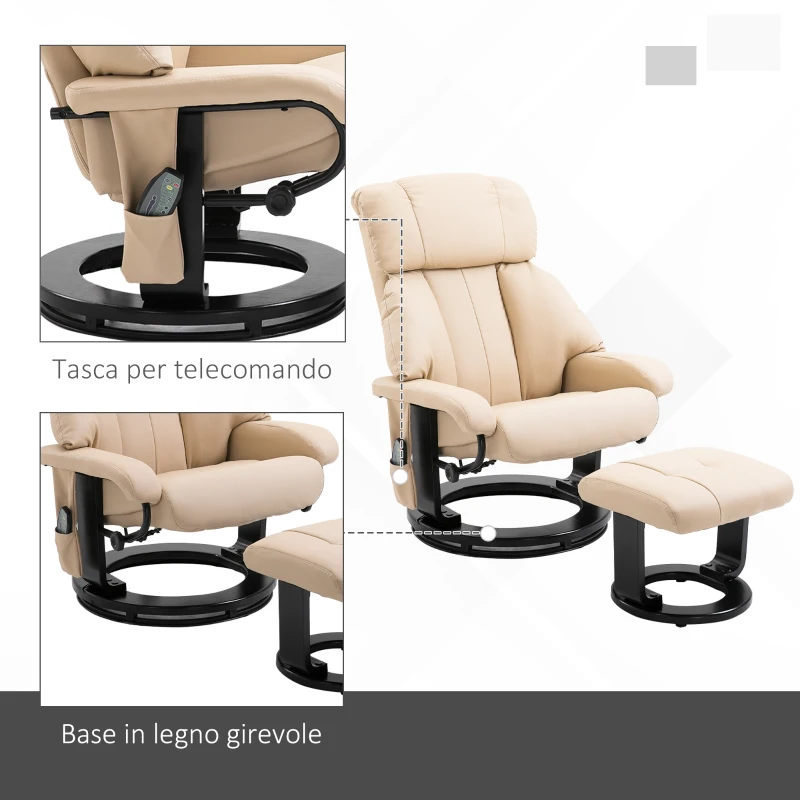 HOMCOM Poltrona Relax Reclinabile e Massaggiante con Pouf Poggiapiedi e Telecomando, 76x80x102 cm Crema