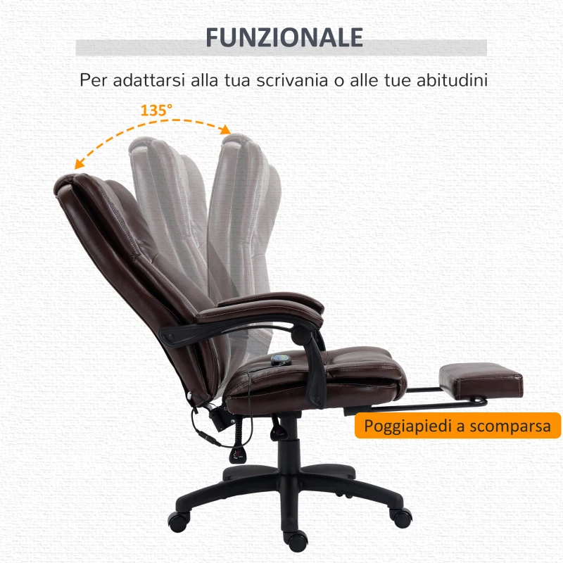 Vinsetto Sedia da Ufficio Massaggiante e Girevole con Funzione Reclinabile, 68,5x68,5x119-127 cm, Marrone
