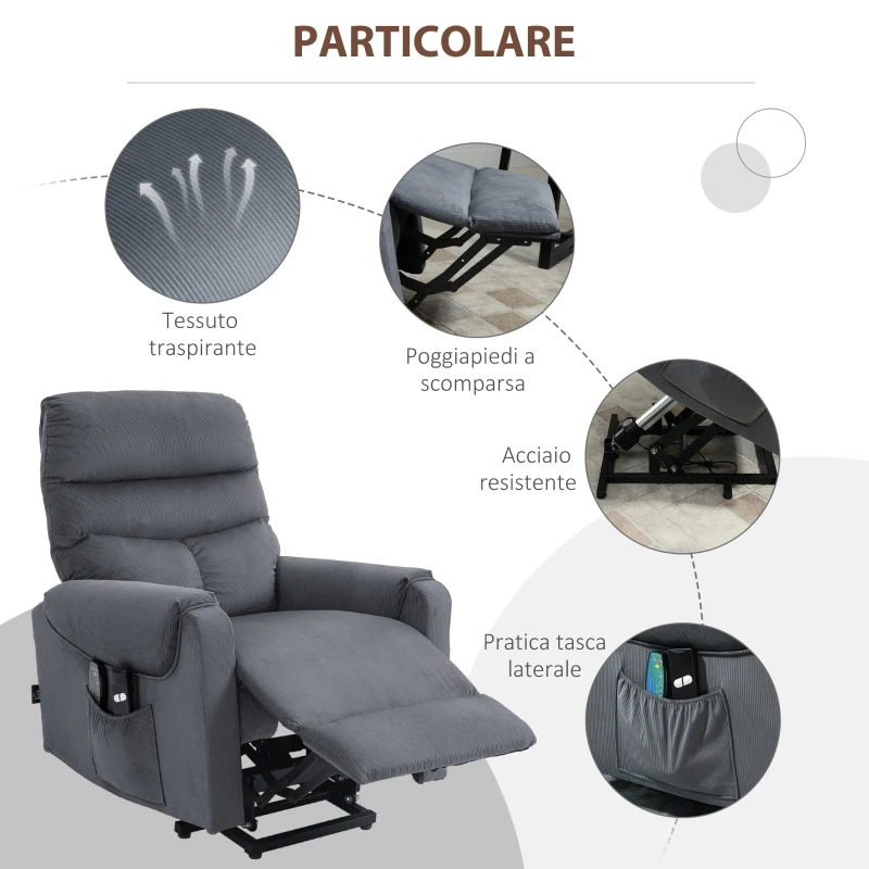 HOMCOM Poltrona Reclinabile Massaggiante con Telecomando, in Poliestere e Metallo, 79x97x103 cm, Grigio