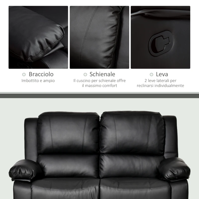 HOMCOM Divano Letto 2 Posti con Schienale Regolabile in Similpelle, 95x141,5x94,5cm, Nero