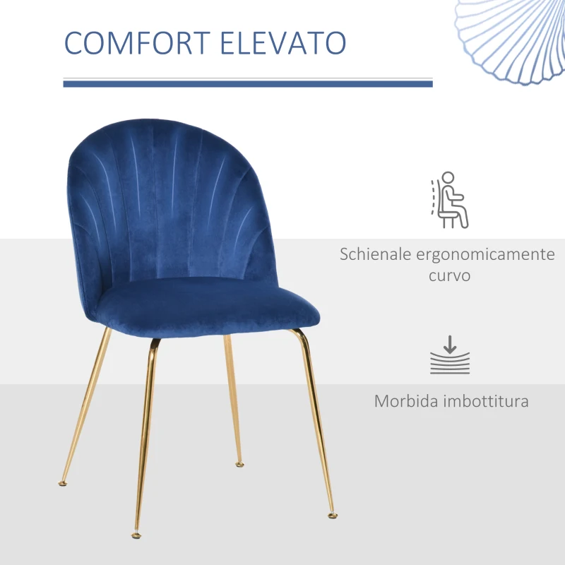 HOMCOM Set di 2 Sedie da Cucina Sedie da Pranzo con Schienale Tessuto Poliestere Gambe in Metallo Blu+Oro 52 x 52 x 81 cm