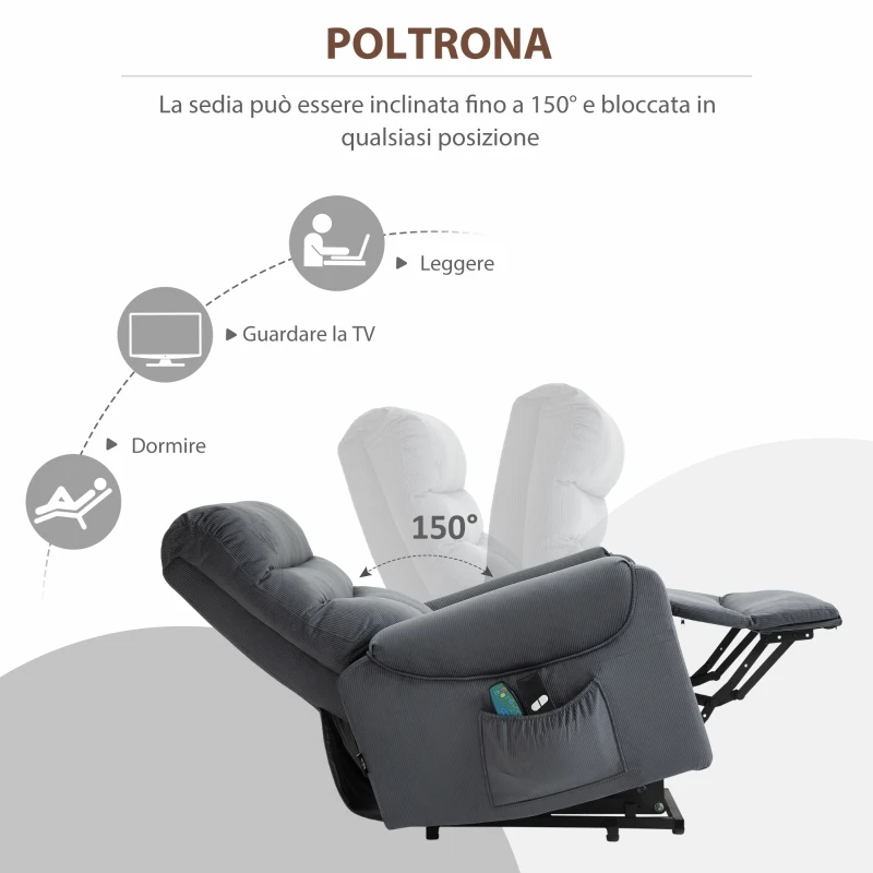 HOMCOM Poltrona Reclinabile Massaggiante con Telecomando, in Poliestere e Metallo, 79x97x103 cm, Grigio