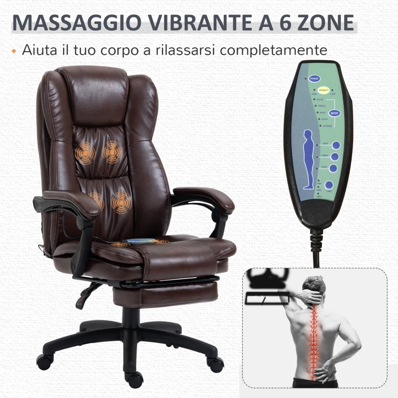 Vinsetto Sedia da Ufficio Massaggiante e Girevole con Funzione Reclinabile, 68,5x68,5x119-127 cm, Marrone