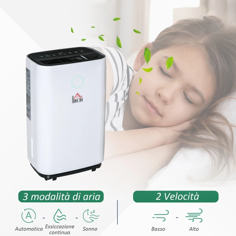 HOMCOM Deumidificatore da 20L 3 Modalità e 2 Velocità Timer 24h Design Silenzioso 33.5x23x57cm Bianco