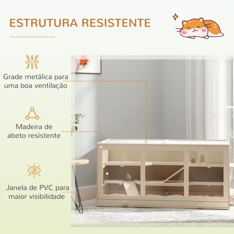 PawHut Gaiola de Hamster Casa para pequenos roedores com bandeja removível 2 plataformas e rampas 115x60x58 cm Madeira natural